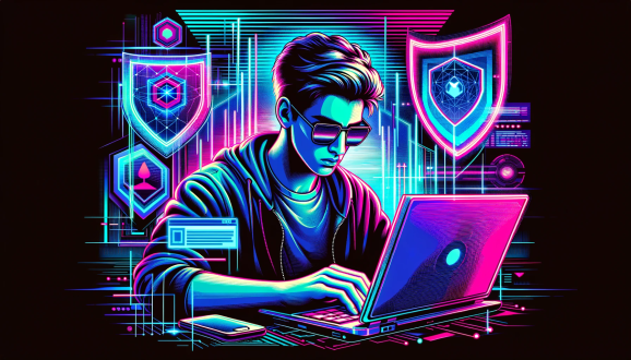 A masculine presenting programmer types on a laptop surrounded by shield icons and wireframe imagery in a synthwave style