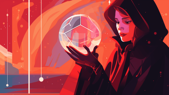 A woman looks into a crystal ball revealing the future of artificial intelligence.