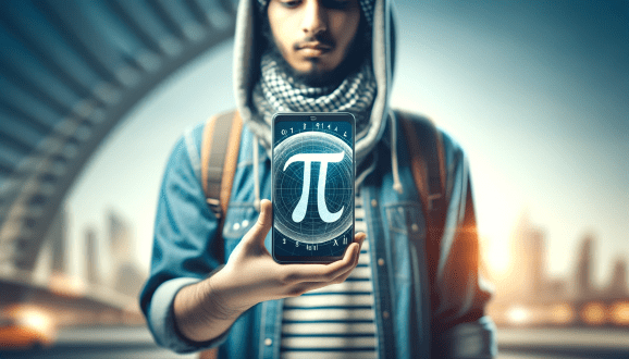 Illustration of a masculine presenting person with a goatee wearing a hooded sweatshirt and keffiyeh holding a smartphone displaying the Greek letter pi