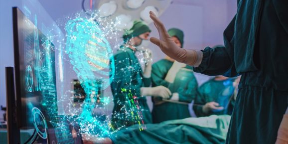 Doctor using AI and ML technology in order to assess the holographic data of a patient's skeleton