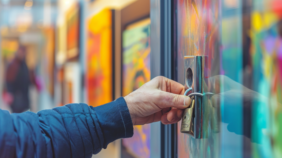 Close up on a human arm in a blue jacket sleeve with hand holding a padlock up to a glass door of an art gallery containing colorful works of art hanging on the wall.