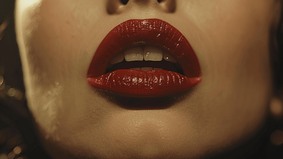 Close-up on a woman's mouth with red lipstick, opened to reveal front teeth.