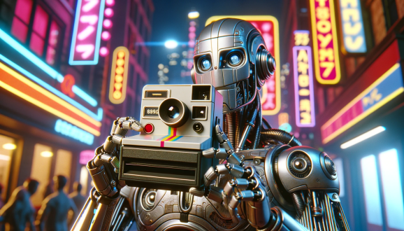A robot takes a picture with a polaroid camera in a neon lit city.