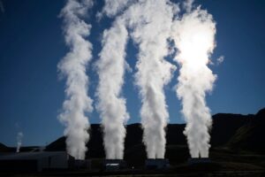 Steam rises from a geothermal power plant in Iceland.