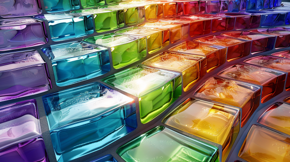 Arrangement of undulating colorful rainbow glass bricks
