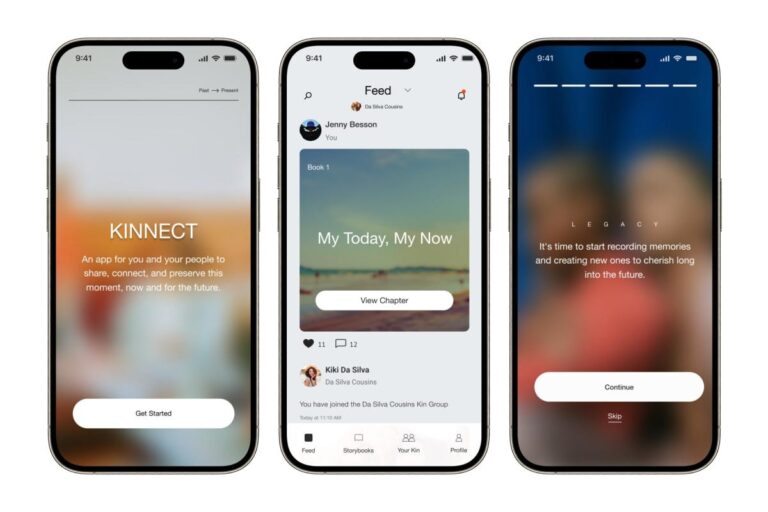 Kinnect app on 3 smartphone screens