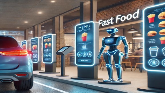 A robot stands in between drive thru menus in a fast food